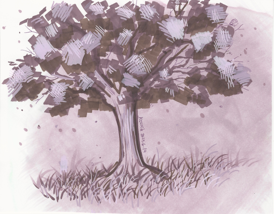 Violet tree illustration in mixed media.